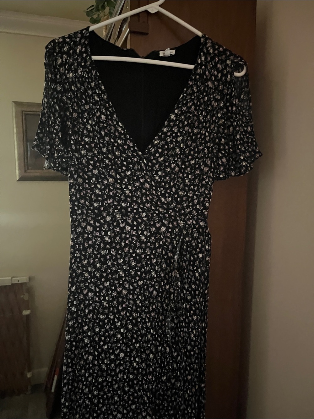 Black Floral Midi Wrap Dress with V-Neck